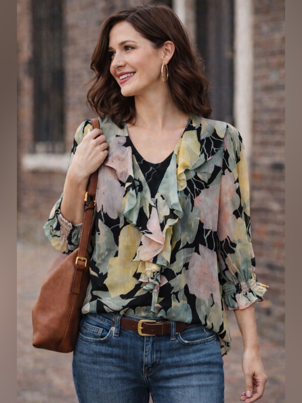 Lauren Ralph Lauren Floral Ruffle Blouse Sheer 3/4 Sleeve L